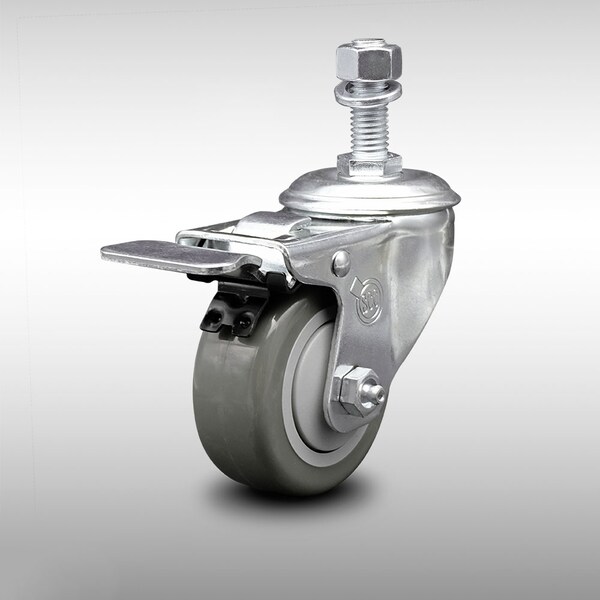 3 Inch SS Gray Polyurethane 1/2 Inch Threaded Stem Caster with Total Lock Brake